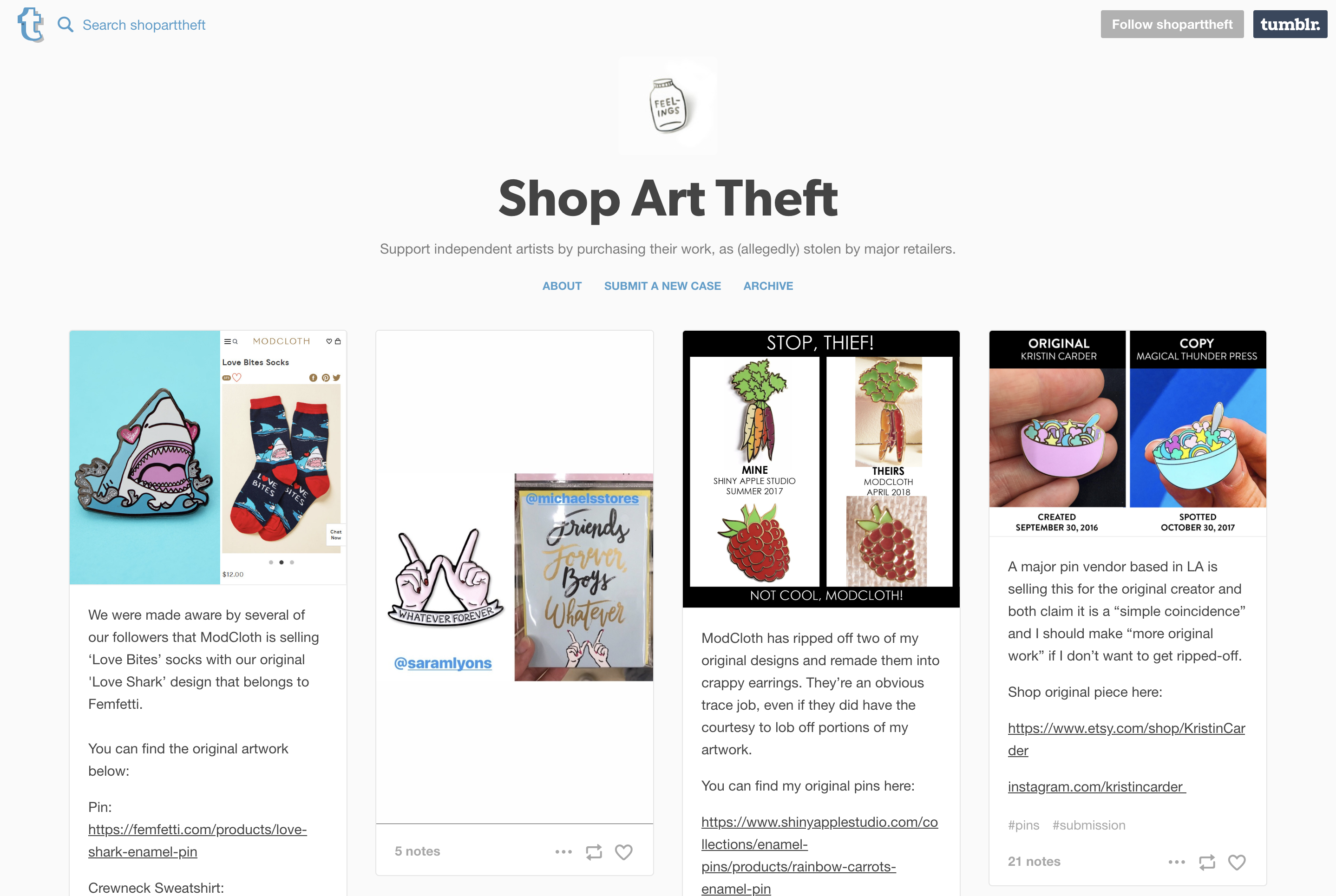 screenshot of "shop art theft" tumblr